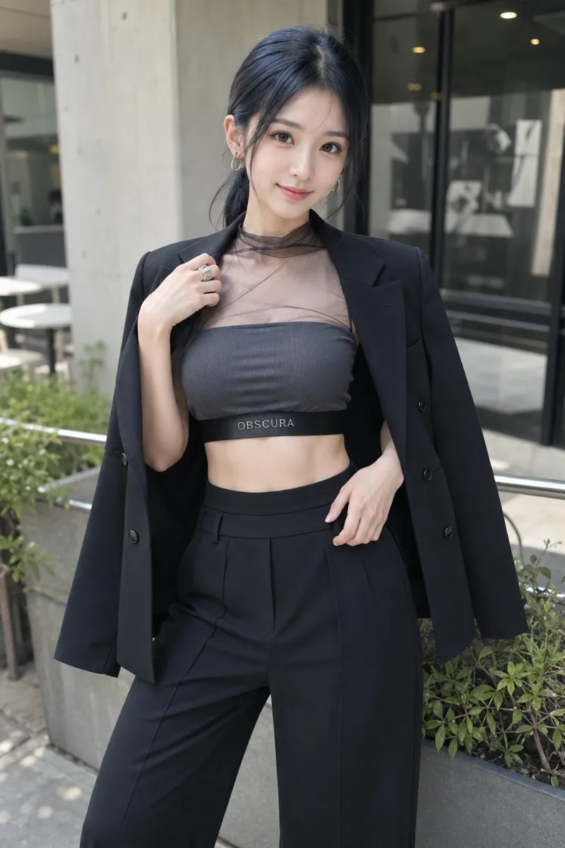実写AI美女版｜シアーチュール付きスポブラに黒ジャケットと黒ワイドパンツを合わせた夜遊びモードコーデ