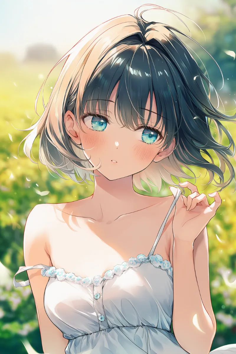 肩紐を引っ張る動作を再現したAIイラスト｜プロンプト紹介用
