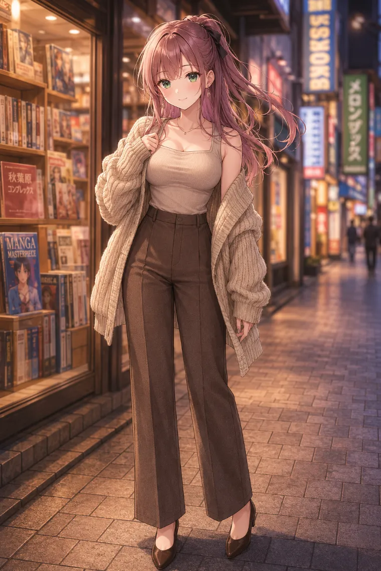 AIイラスト版｜ベージュのタンクトップにカーディガンと茶色の幅広パンツを合わせたコーデ