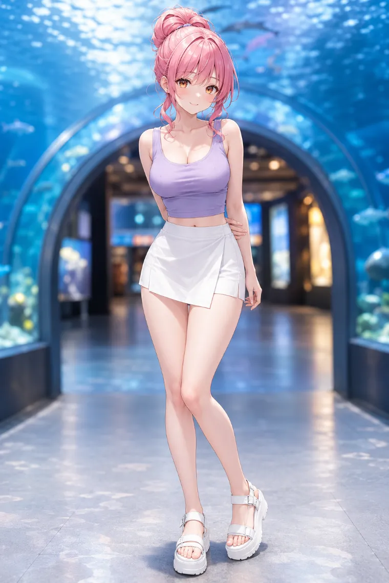AIイラスト版｜ライラックの太幅肩ひもタンクトップと白い巻きスカート風パンツのコーデ