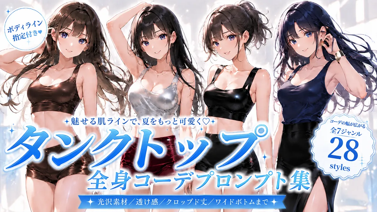 タンクトップの全身コーデプロンプト集（ボディライン指定付き）