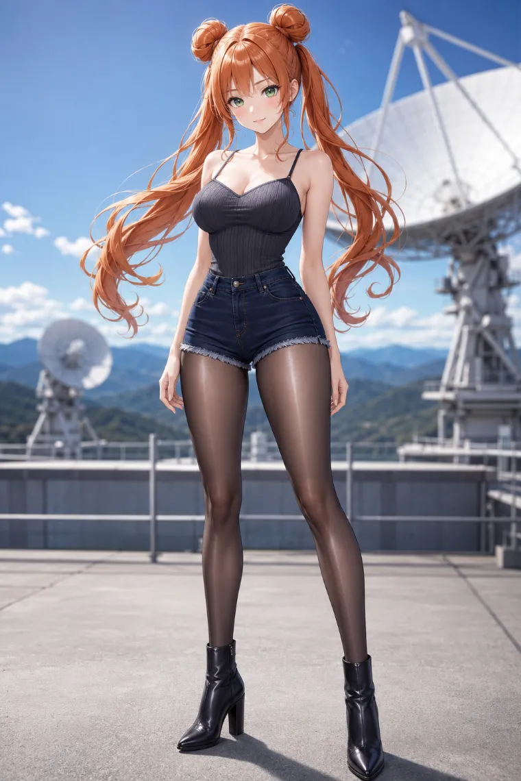 AIイラスト版｜チャコールグレーのリブタンクトップとデニムショートパンツのコーデ
