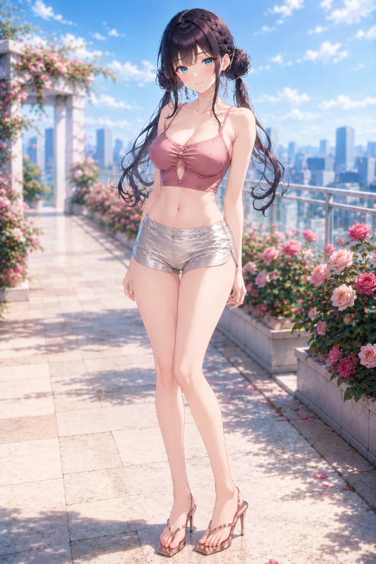AIイラスト版｜くすみピンクの胸元ねじりタンクトップと光沢ショートパンツのコーデ