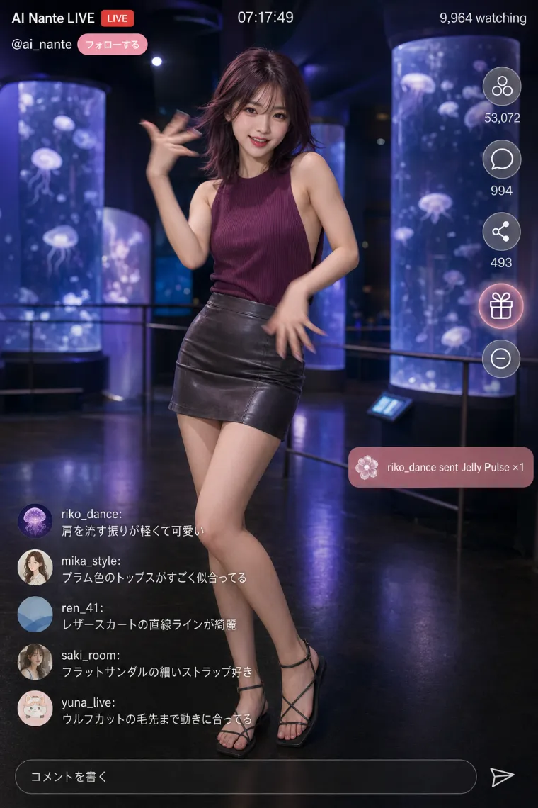実写AI美女版｜プラム色の深い脇開きタンクトップとレザーミニスカートのコーデ