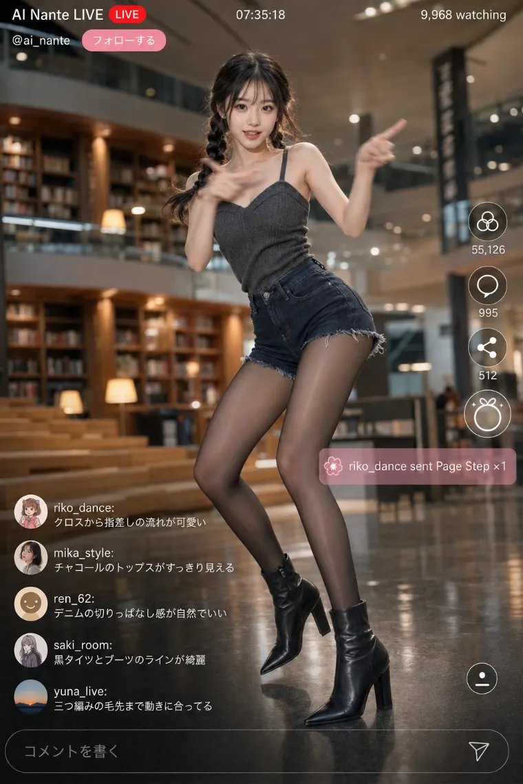 実写AI美女版｜チャコールグレーのリブタンクトップとデニムショートパンツのコーデ