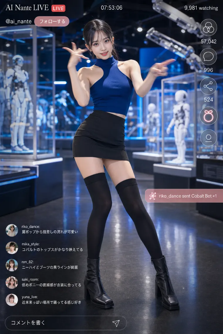 実写AI美女版｜コバルトブルーの肩見せタンクトップと黒い細身ミニスカートのコーデ