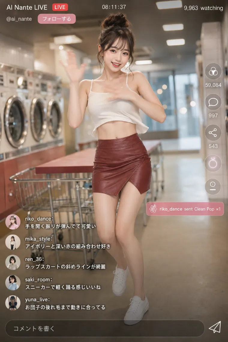 実写AI美女版｜アイボリーの短丈タンクトップと深紅の巻き風レザーミニのコーデ