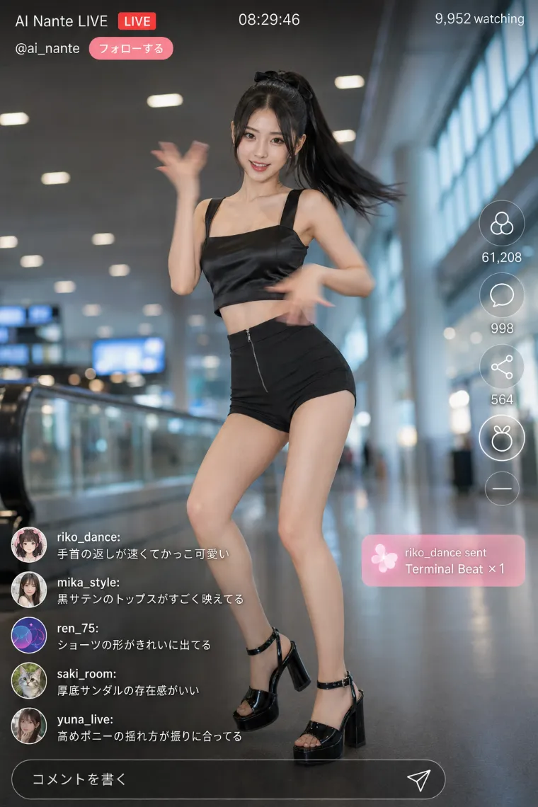 実写AI美女版｜黒の光沢クロップドタンクトップと仕立て風ショートパンツのコーデ