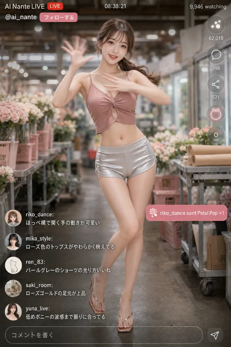 実写AI美女版｜くすみピンクの胸元ねじりタンクトップと光沢ショートパンツのコーデ