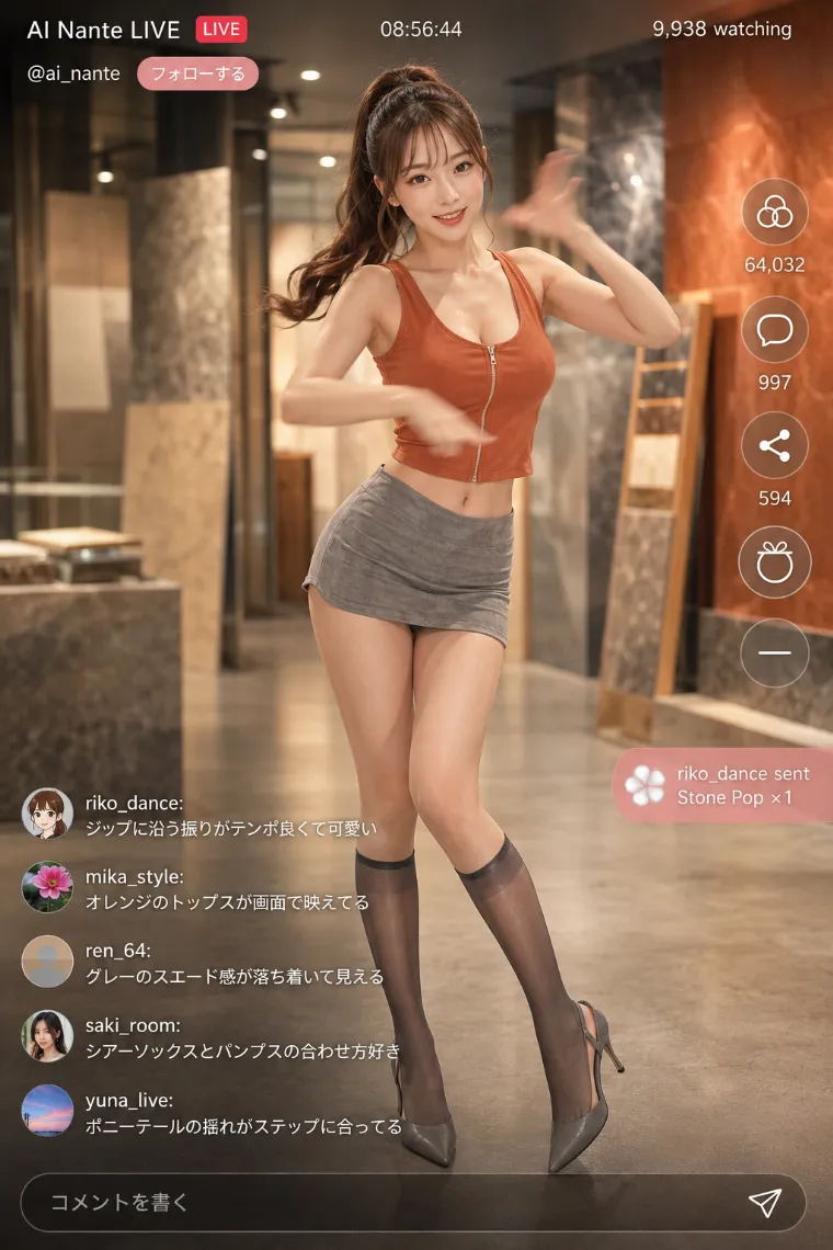 実写AI美女版｜オレンジの前ファスナータンクトップとグレーのスエードミニスカートのコーデ