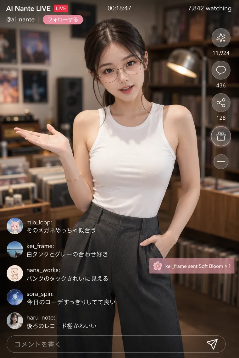 実写AI美女版｜白い肩見せタンクトップとチャコールグレーの幅広スラックスのコーデ