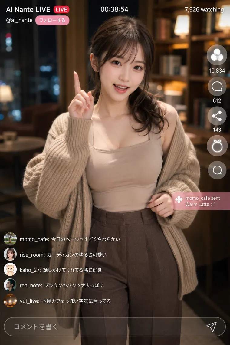 実写AI美女版｜ベージュのタンクトップにカーディガンと茶色の幅広パンツを合わせたコーデ