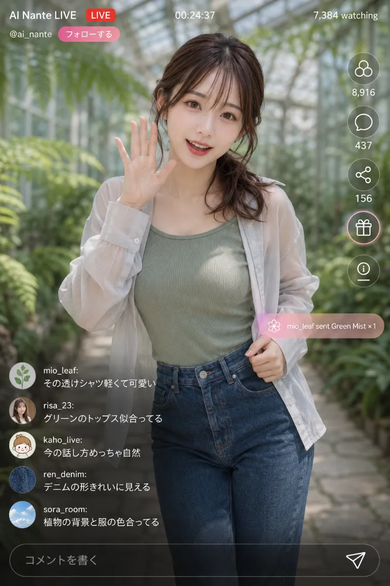 実写AI美女版｜セージグリーンのリブタンクトップに透けシャツとデニムを合わせたコーデ
