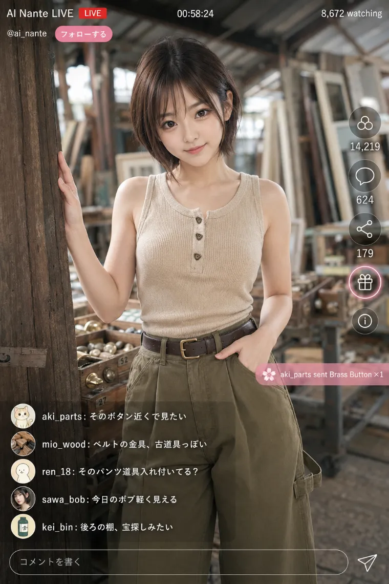 実写AI美女版｜ストーンベージュのワッフルタンクトップとカーキの極太パンツのコーデ