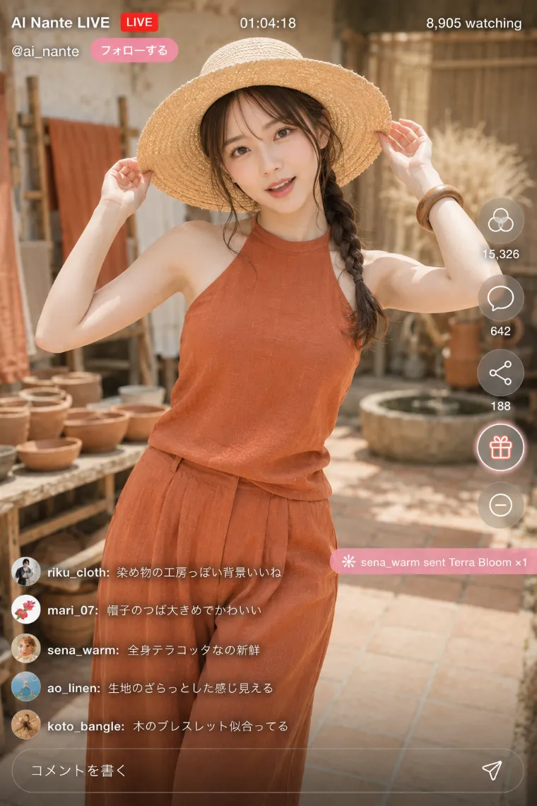 実写AI美女版｜テラコッタの首元が詰まったタンクトップと同色幅広パンツのコーデ