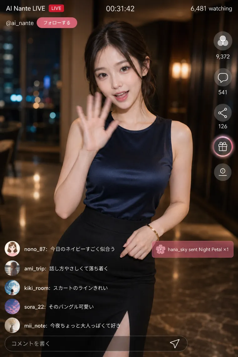 実写AI美女版｜ネイビーのサテンタンクトップと黒の細身ロングスカートのコーデ
