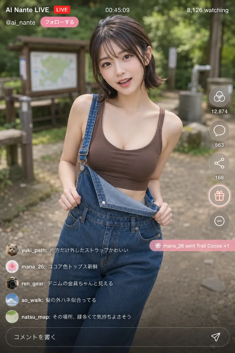 実写AI美女版｜ココアブラウンの背中交差タンクトップとデニムサロペットのコーデ