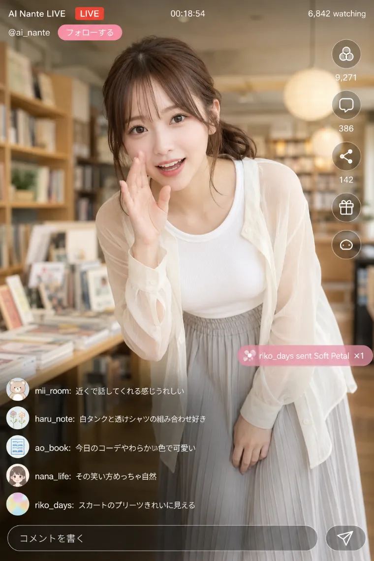 実写AI美女版｜白いタンクトップに透けるロングシャツとプリーツスカートを合わせたコーデ