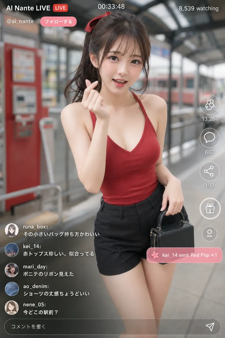 実写AI美女版｜チェリーレッドの深Vタンクトップと黒い仕立て風ショートパンツのコーデ