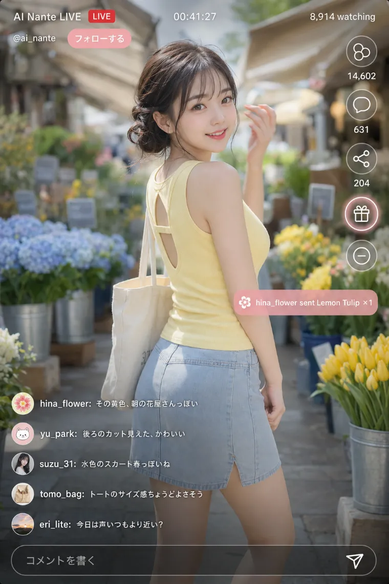 実写AI美女版｜バターイエローの背中開きタンクトップと淡色デニムミニのコーデ