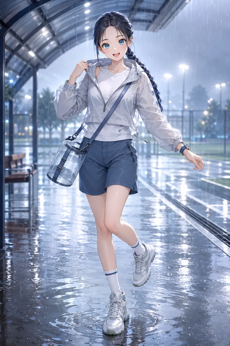 AIイラスト版｜防水アノラックとスレートブルーのバミューダショーツを合わせたテニス・コアのAIイラスト