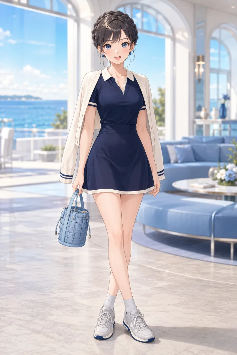 AIイラスト版｜ネイビーのポロ襟ミニドレスと肩掛けカーディガンを合わせたテニス・コアのAIイラスト