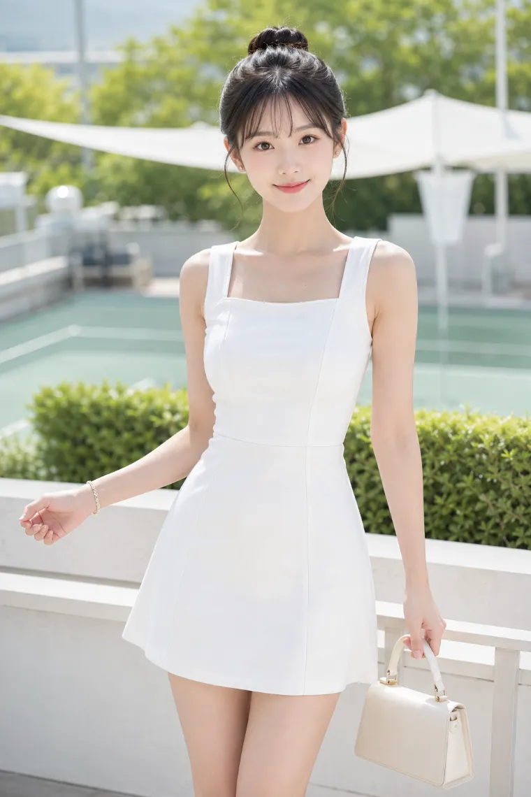 実写AI美女版｜白いピケ素材のノースリーブミニドレスを着たテニス・コアの実写AI画像