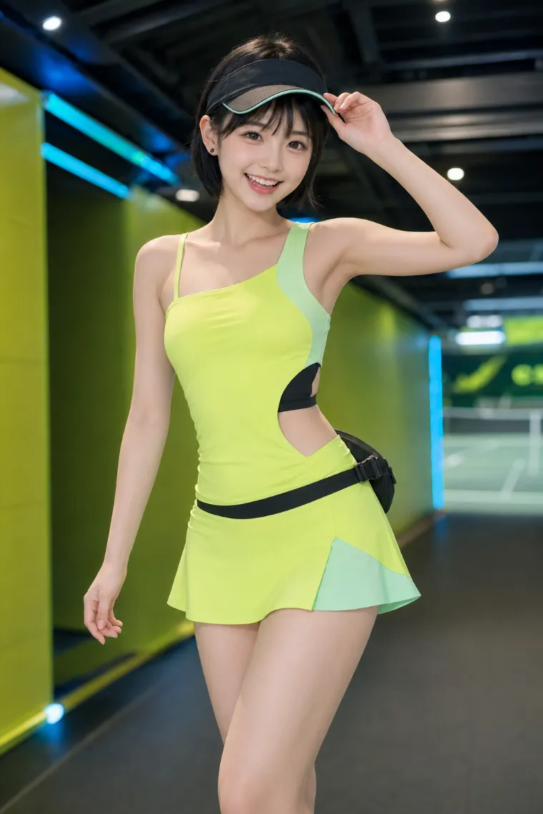 実写AI美女版｜蛍光イエローグリーンの左右非対称テニスドレスを着たテニス・コアの実写AI画像