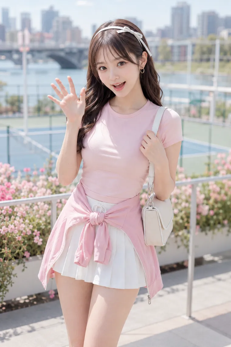 実写AI美女版｜ピンクのTシャツと白いプリーツミニスカート、腰巻きジャケットを合わせたテニス・コアの実写AI画像