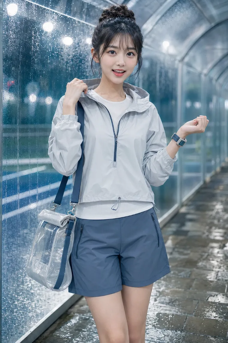 実写AI美女版｜防水アノラックとスレートブルーのバミューダショーツを合わせたテニス・コアの実写AI画像