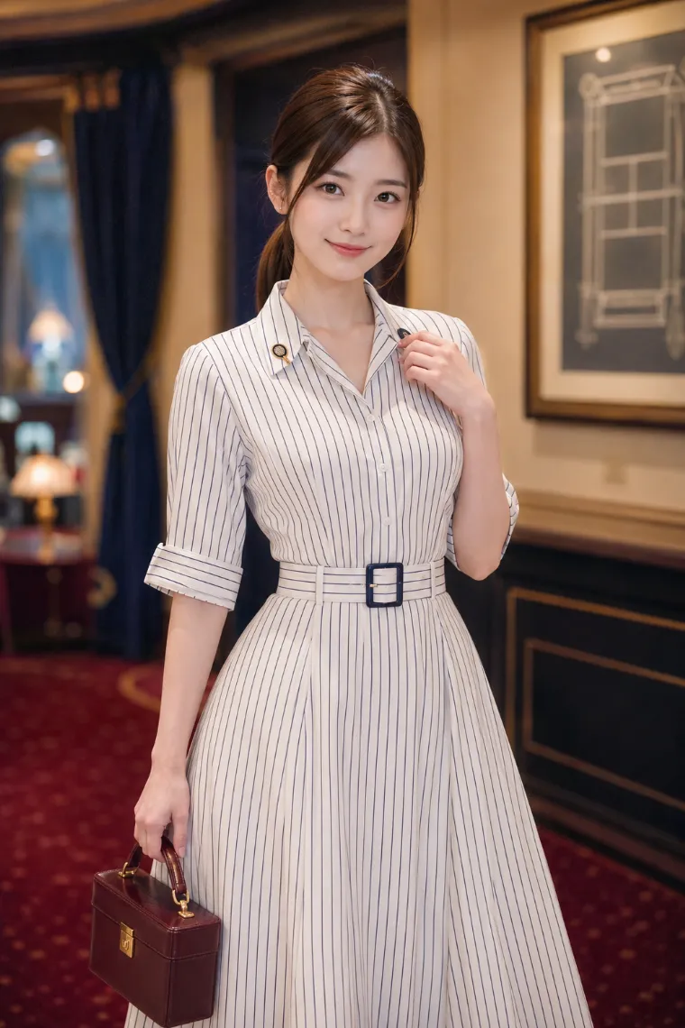 実写AI美女版｜ネイビーの縦縞ミディ丈シャツワンピースを着たテニス・コアの実写AI画像