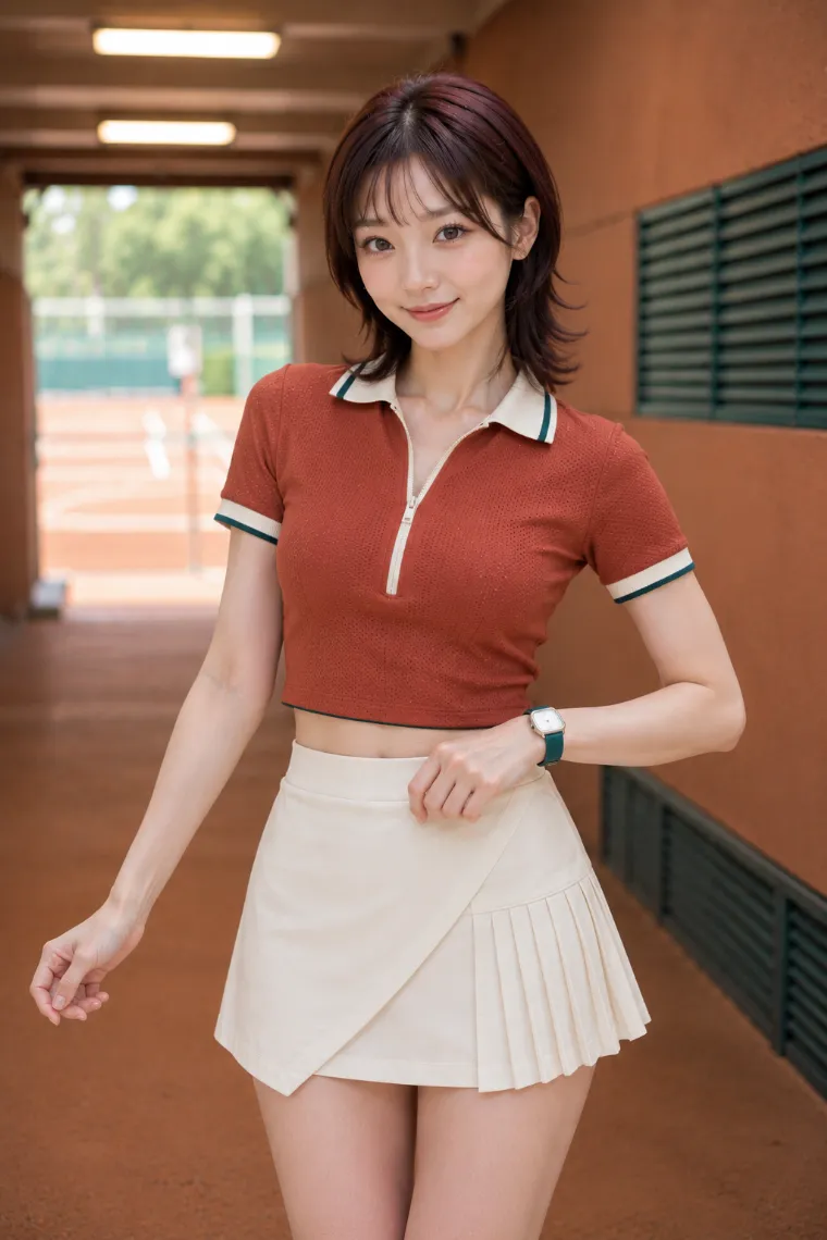 実写AI美女版｜テラコッタのハーフジップポロと白いプリーツスコートを合わせたテニス・コアの実写AI画像