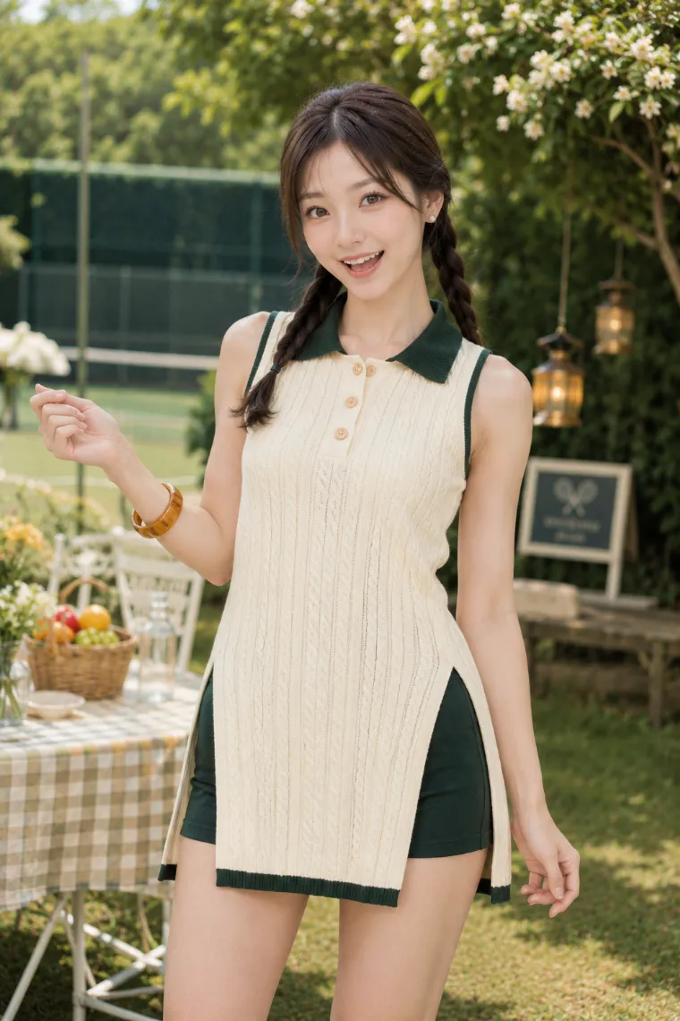 実写AI美女版｜ロング丈のポロチュニックとグリーンのショートパンツを合わせたテニス・コアの実写AI画像