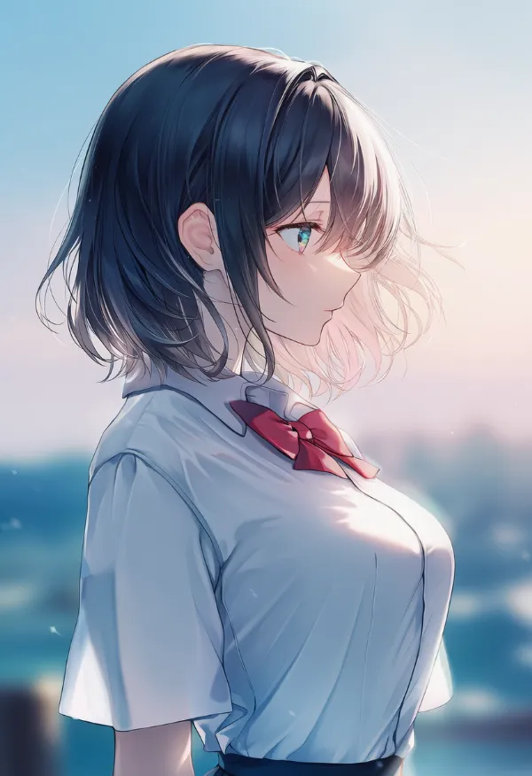 胸元で布が張るシャツのAIイラスト（プロンプト紹介用）
