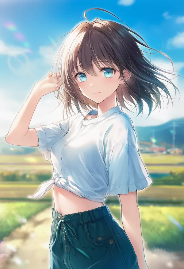 シャツの裾を結んだ着こなしのAIイラスト（プロンプト紹介用）