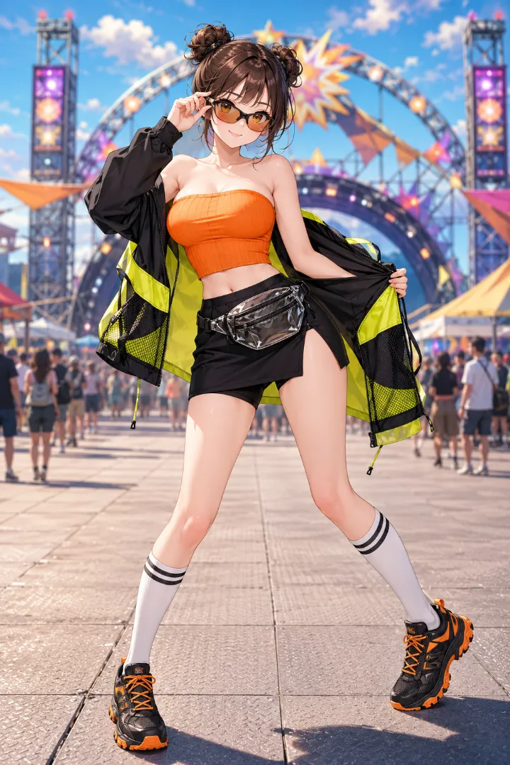 AIイラスト版|オレンジのリブチューブトップに黒ミニとウインドブレーカーを合わせたスポーツミックスコーデ