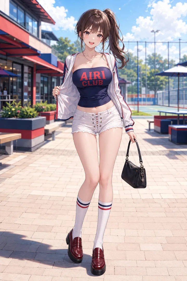 AIイラスト版|ネイビーのロングラインチューブトップに白デニムショートとトラックジャケットを合わせたプレッピーY2Kコーデ