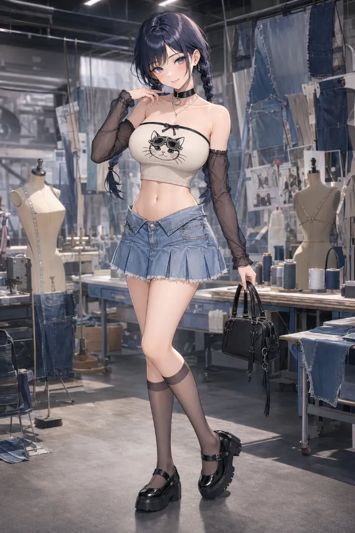 AIイラスト版|猫プリントのアイボリーチューブトップに再構築デニムミニとシアーアームスリーブを合わせた甘辛Y2Kコーデ