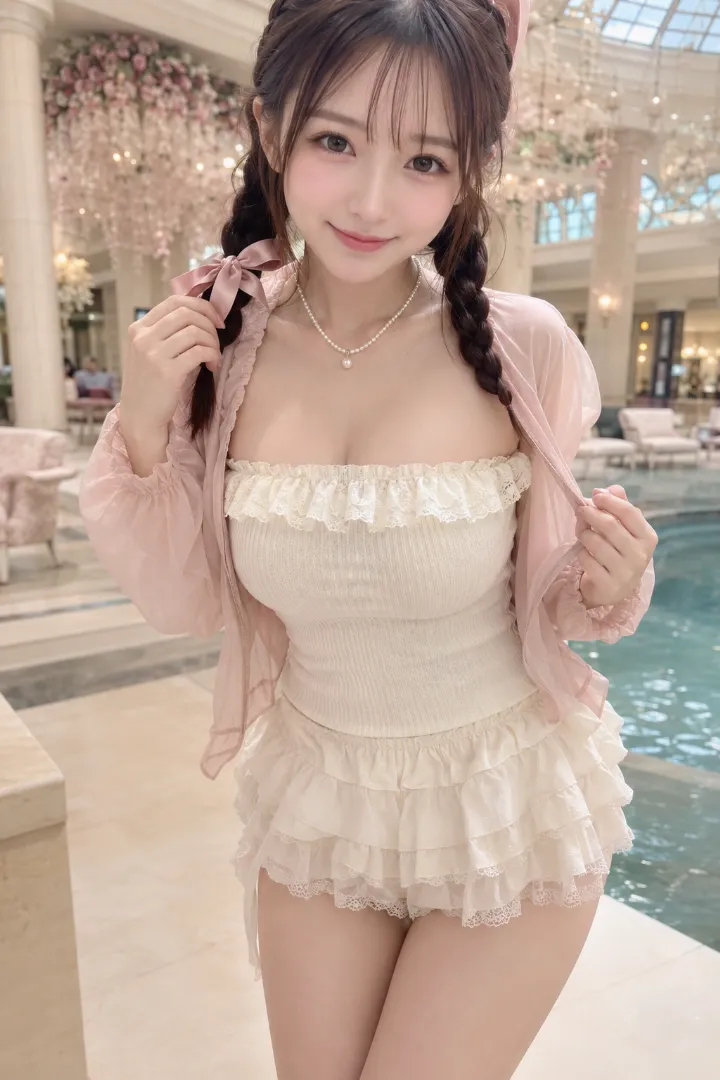 実写AI美女版|アイボリーのレースフリル付きチューブトップにティアードミニと淡ピンクのカーディガンを合わせたガーリーコーデ