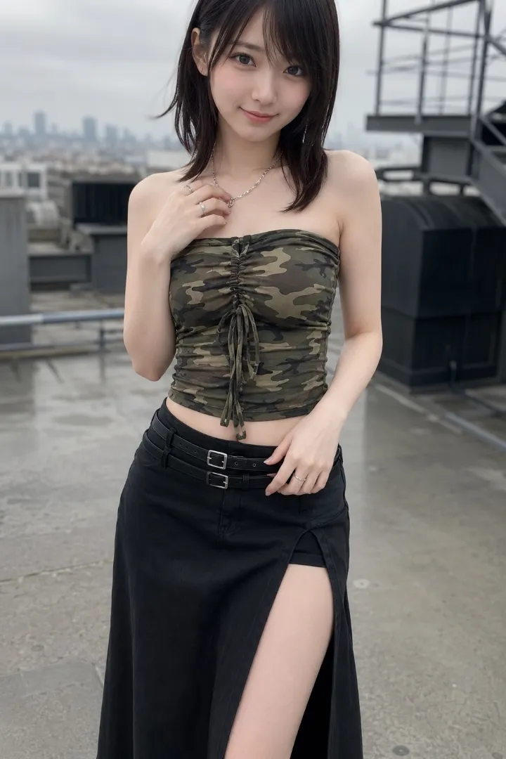 実写AI美女版|カーキ迷彩のチューブトップに黒のハイスリットマキシスカートを合わせたダークストリートモードコーデ