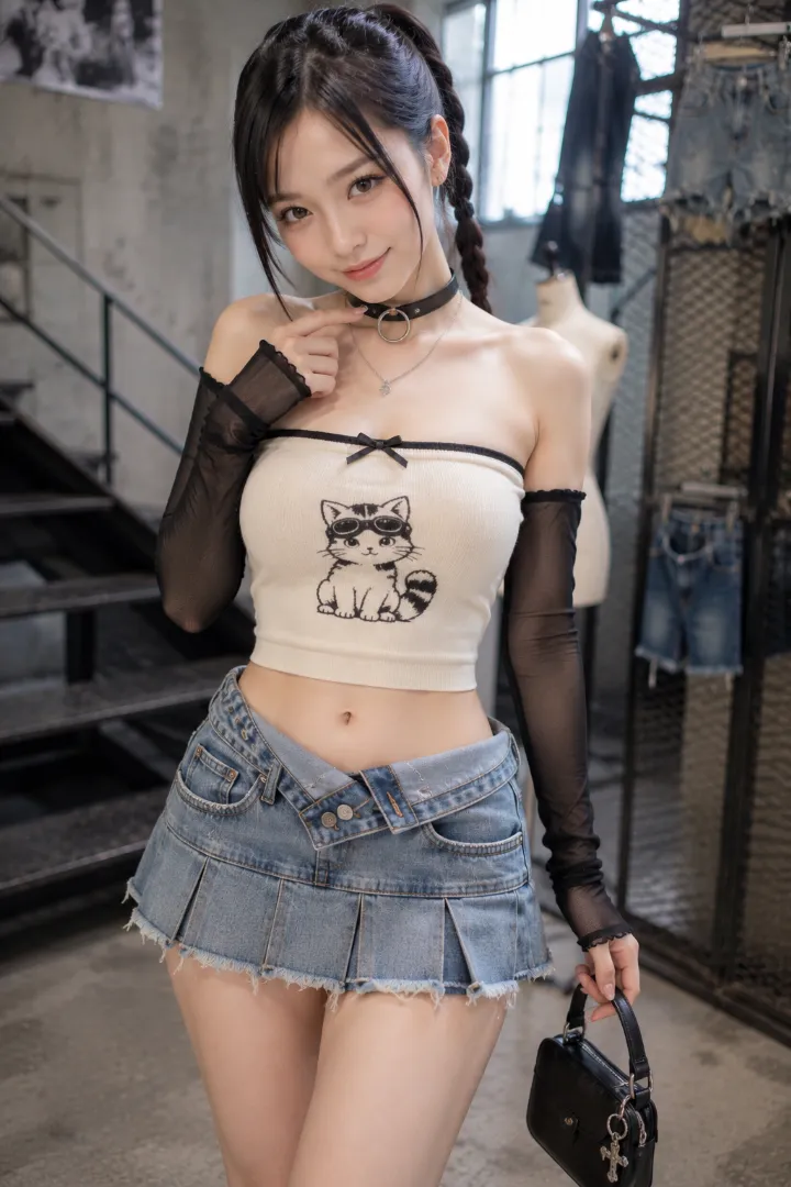 実写AI美女版|猫プリントのアイボリーチューブトップに再構築デニムミニとシアーアームスリーブを合わせた甘辛Y2Kコーデ