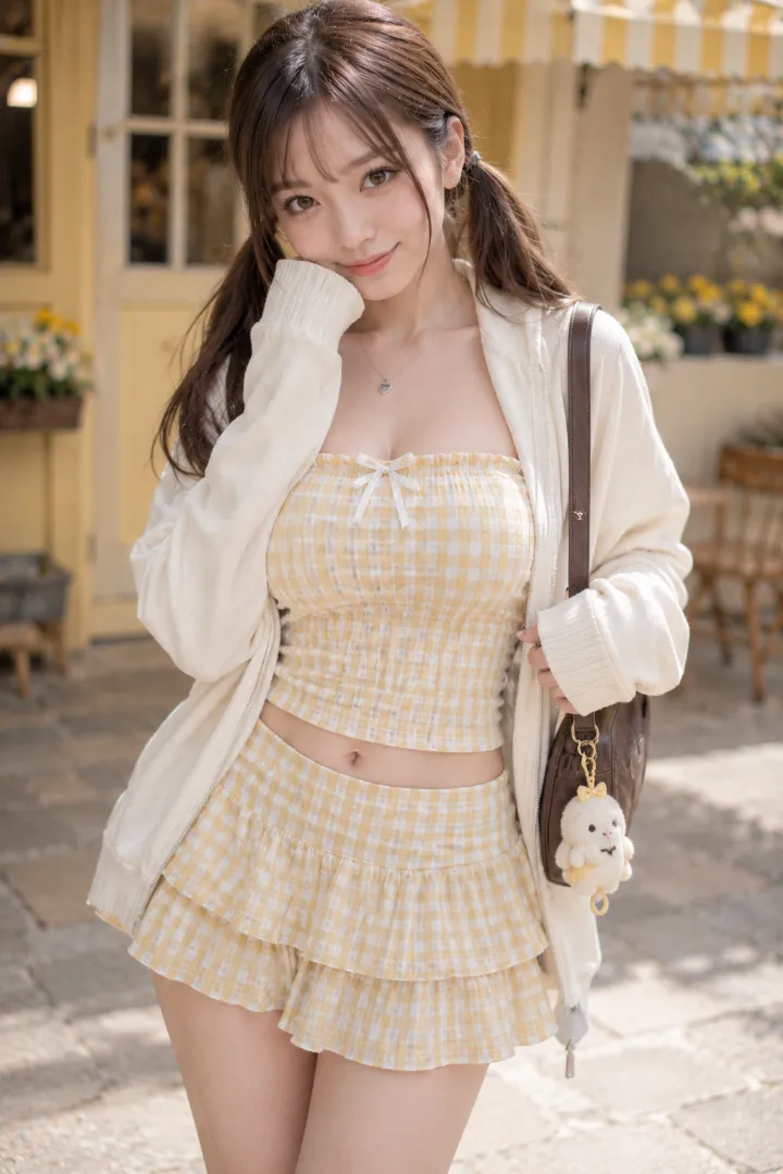 実写AI美女版|淡いイエローのギンガムチューブトップに同柄フリルミニとパーカーを合わせたゆるガーリーコーデ