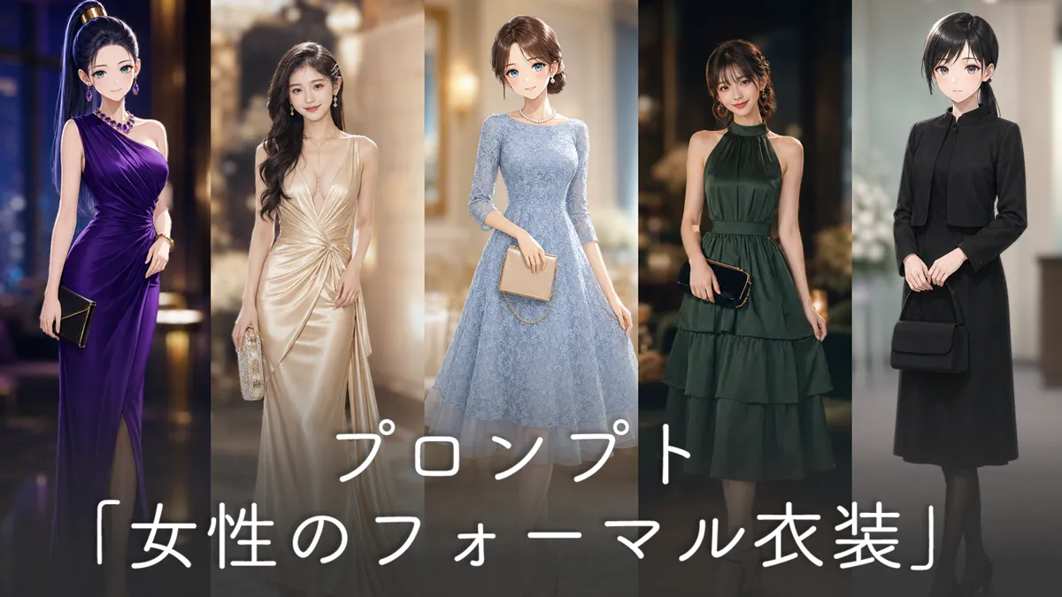 女性のフォーマル衣装の全身コーデプロンプト集【TPO別】