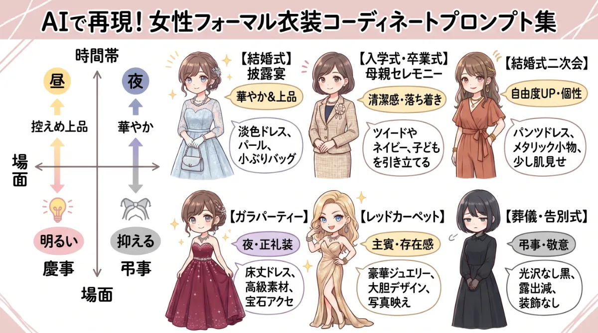女性のフォーマル衣装の全身コーデプロンプト集【TPO別】のまとめ用の図解イラスト（グラレコ）