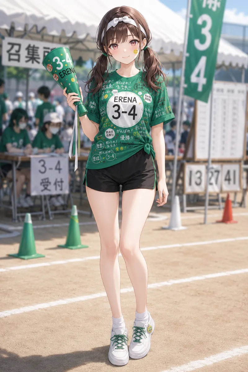 AIイラスト版｜エメラルドグリーンのネームシール風クラスTシャツに黒ハーフパンツ、外巻きツインとデコメガホンを合わせた体育祭コーデ