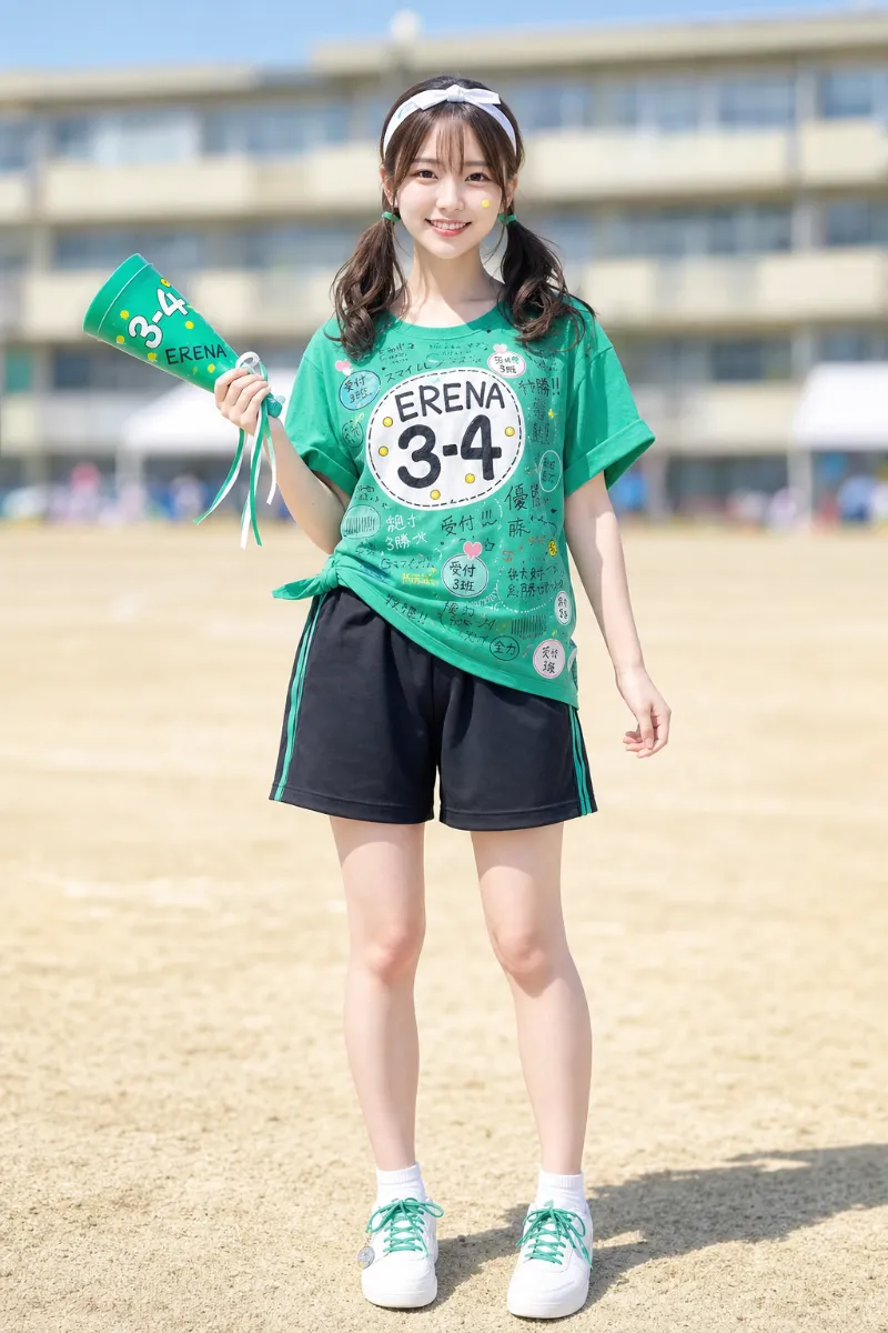 実写AI美女版｜エメラルドグリーンのネームシール風クラスTシャツに黒ハーフパンツ、外巻きツインとデコメガホンを合わせた体育祭コーデ