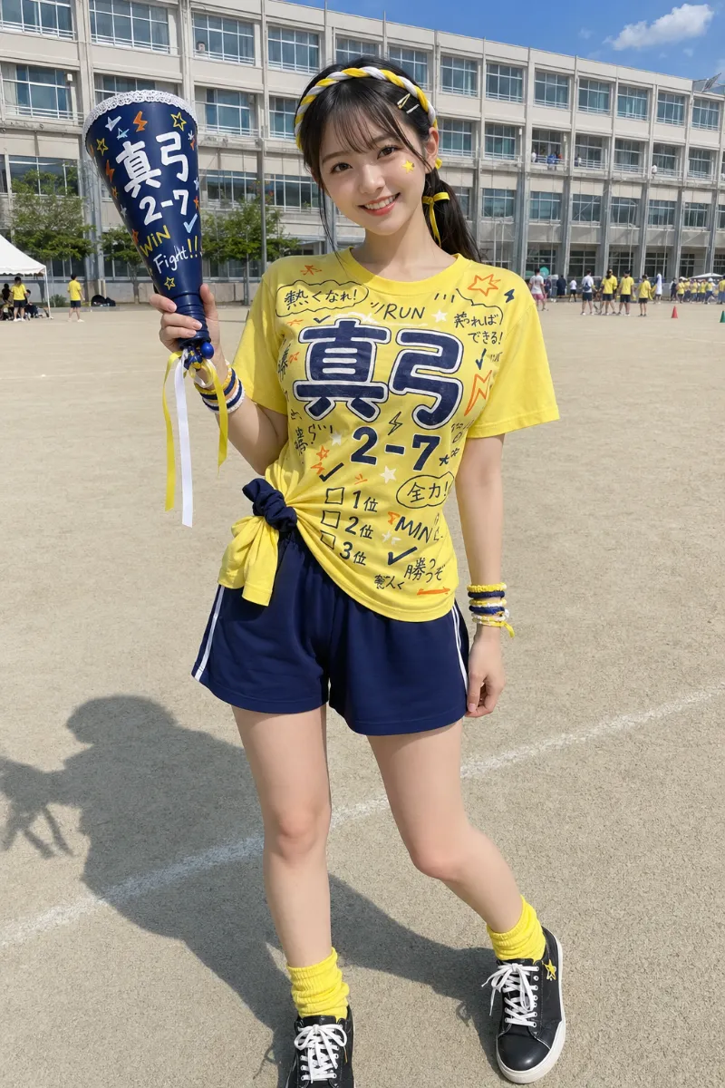 実写AI美女版｜レモンイエローの手描きクラスTシャツにネイビーハーフパンツ、低めポニーテールとデコメガホンを合わせた体育祭コーデ