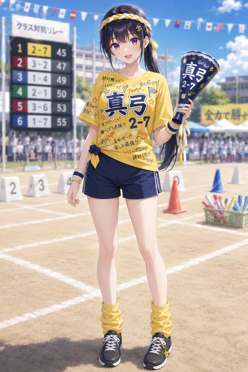 AIイラスト版｜レモンイエローの手描きクラスTシャツにネイビーハーフパンツ、低めポニーテールとデコメガホンを合わせた体育祭コーデ