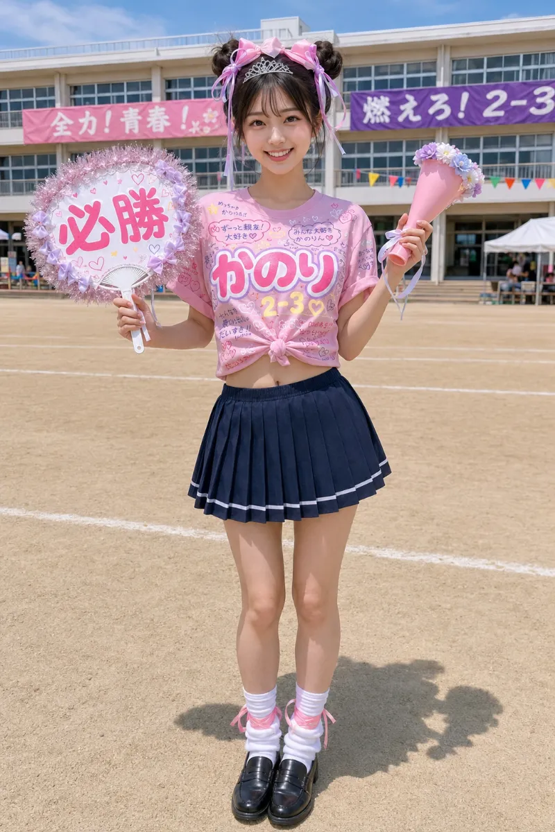 実写AI美女版｜パステルピンクの寄せ書き風クラスTシャツに濃紺プリーツスカート、ツインお団子とデコうちわを合わせた体育祭コーデ