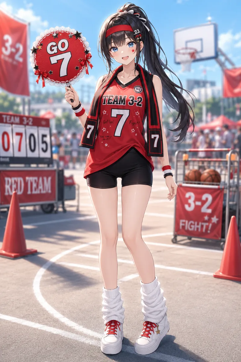 AIイラスト版｜赤のバスケユニ風クラスTシャツに黒バイカーパンツ、高めポニーテールとデコうちわを合わせた体育祭コーデ